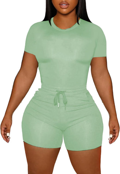 LovelyWholesale Women's Summer 2 Piece Outfits Skinny Shorts Tracksuit Sets