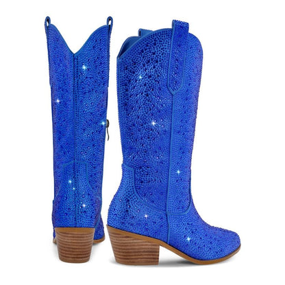 Richealnana Sparkly Rhinestones Cowboy Cowgirl Style Boots Calf High Boots for Women 2INCH Heeled Shining Pull On Tabs