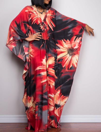 Bsubseach Women Ethnic Print Kaftan Beach Dress Plus Size Swimsuit Cover Up