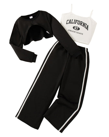 Girls 3 Piece Outfits Long Sleeve Crop Shirts & Cami Tops & Sweatpants Sets Fall Clothes Size 8-12Y