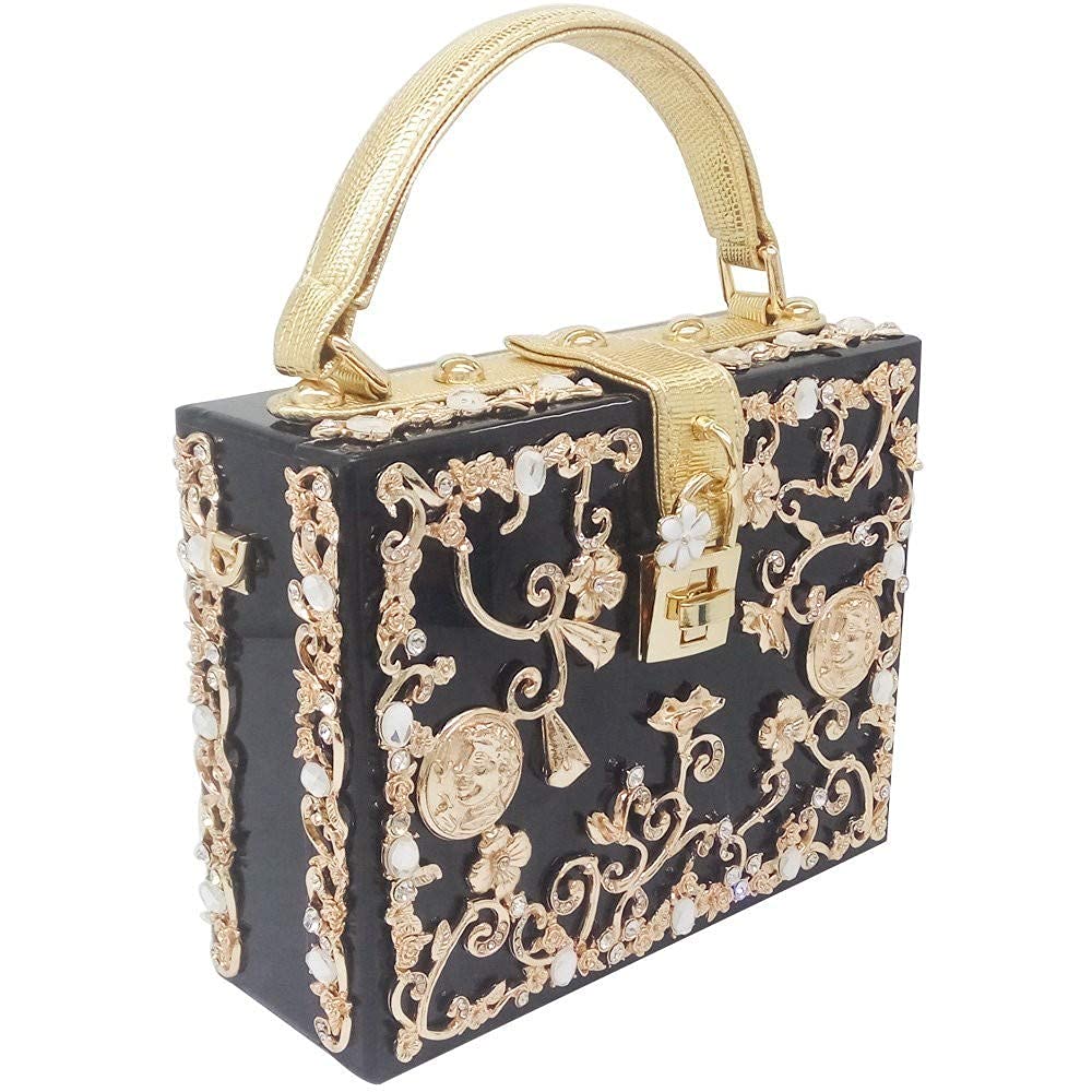 Boutique De FGG Acrylic & Flower Designer Shoulder Bags for Women Crossbody Bag Rhinestones Box Tote Evening Handbags,Small