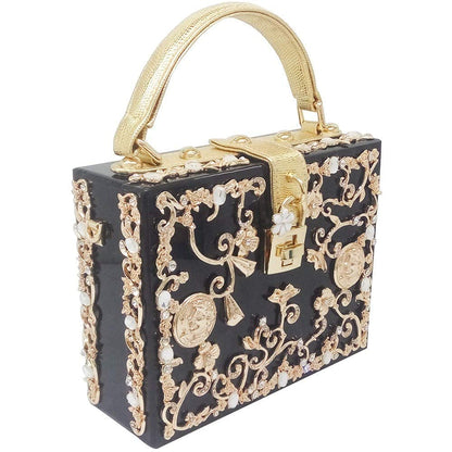 Boutique De FGG Acrylic & Flower Designer Shoulder Bags for Women Crossbody Bag Rhinestones Box Tote Evening Handbags,Small