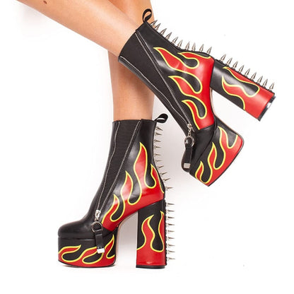 DETOGNI Women's Elastic band High Heels Rivets Ankle Boots Ladies Flames Totem Metal Zipper Thick Heels Punk Booties