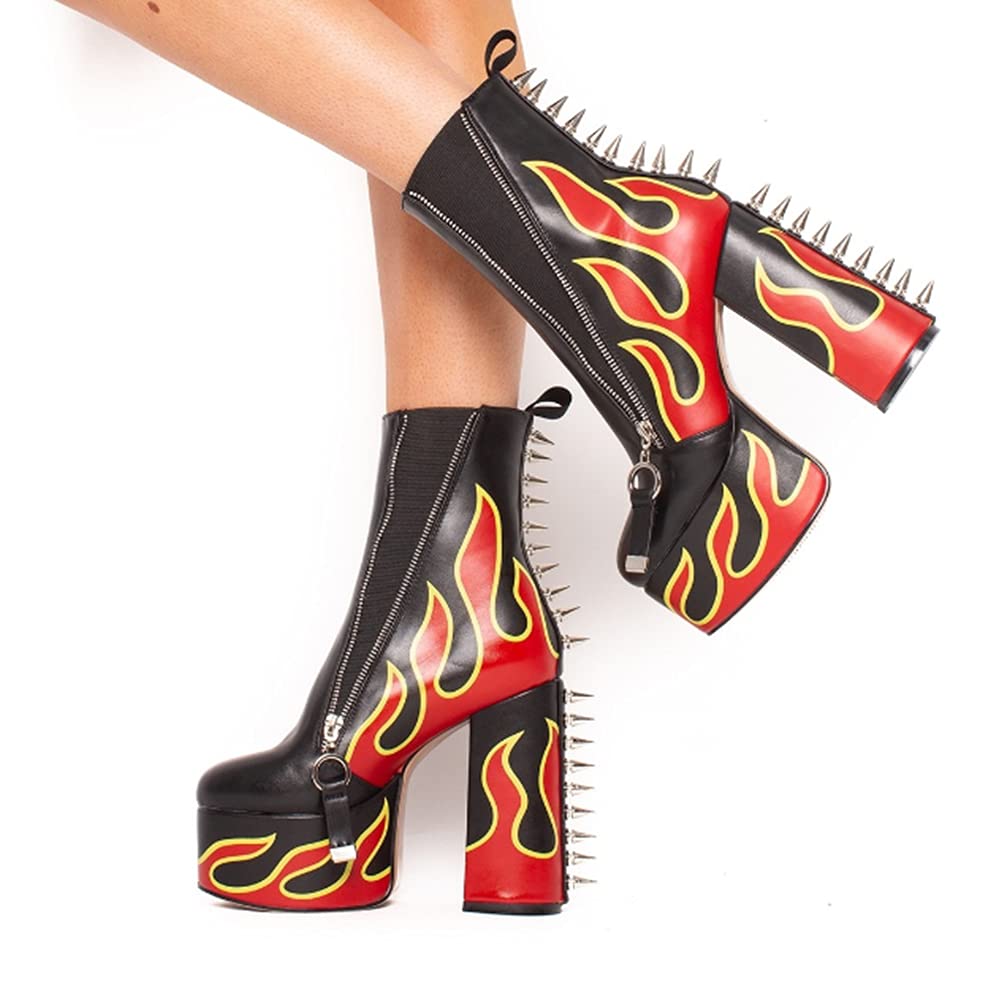 DETOGNI Women's Elastic band High Heels Rivets Ankle Boots Ladies Flames Totem Metal Zipper Thick Heels Punk Booties