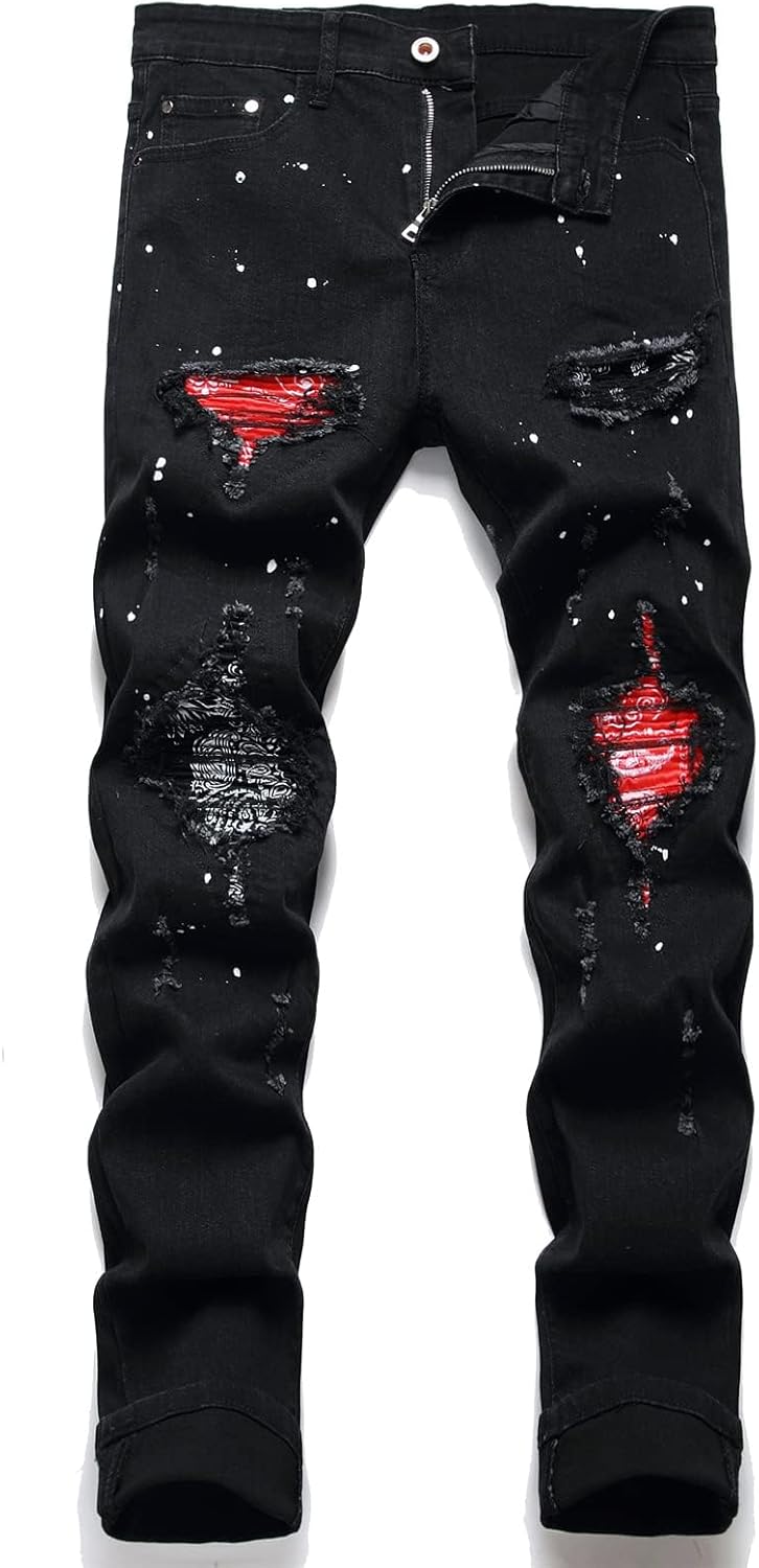 OIIIO Men's Patch Ripped Stretch Regular Fit Jean