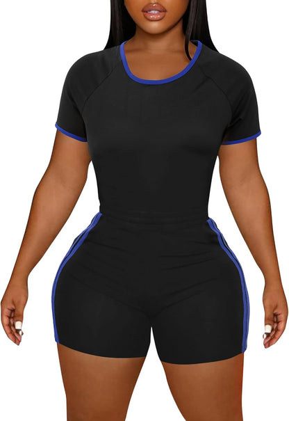 LovelyWholesale Women's Summer 2 Piece Outfits Skinny Shorts Tracksuit Sets