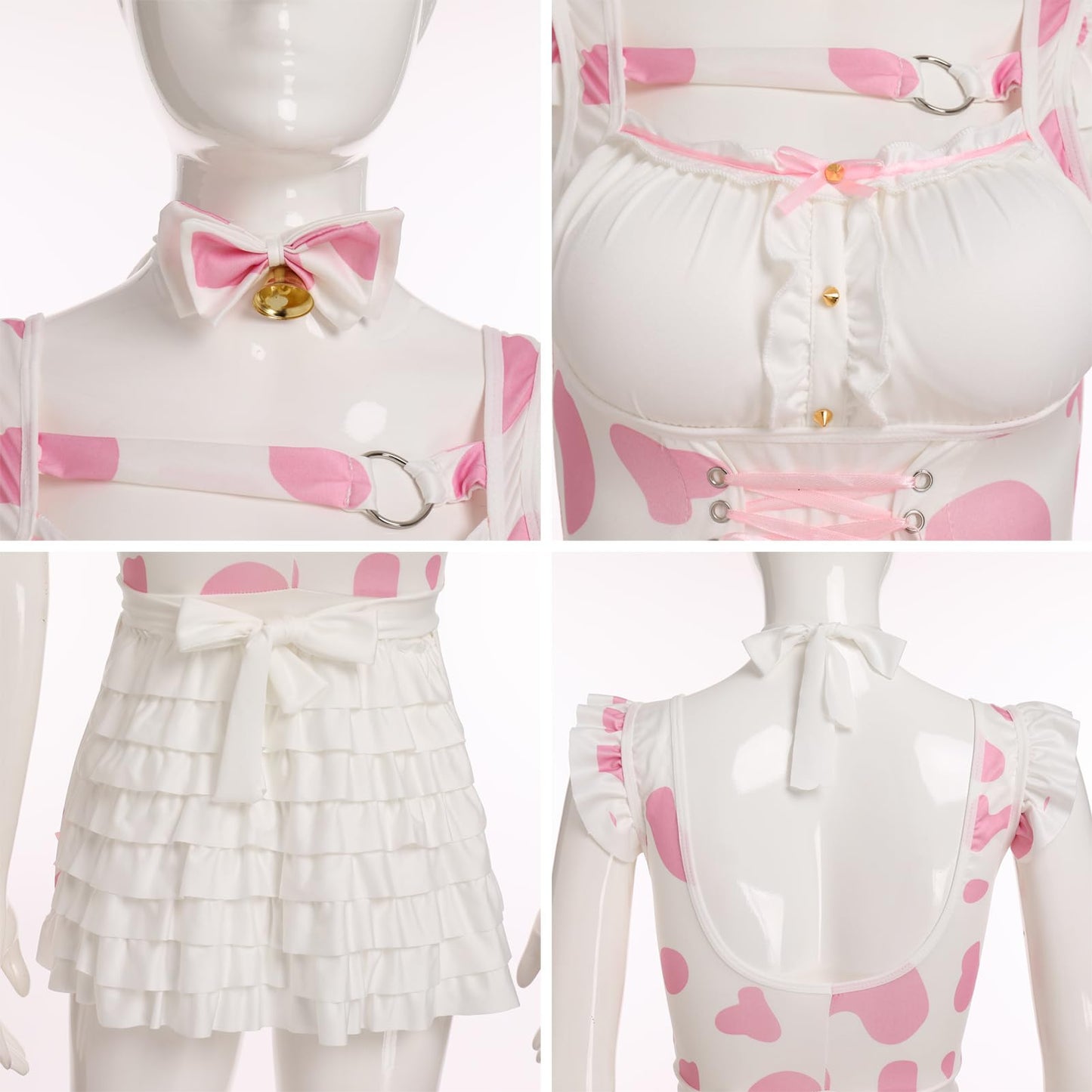 ABAFIP Women's Cute Cosplay Outfits Kawaii Anime Role Play Cow Kitten Ear Headband Stockings Ruffle Mini Dress set