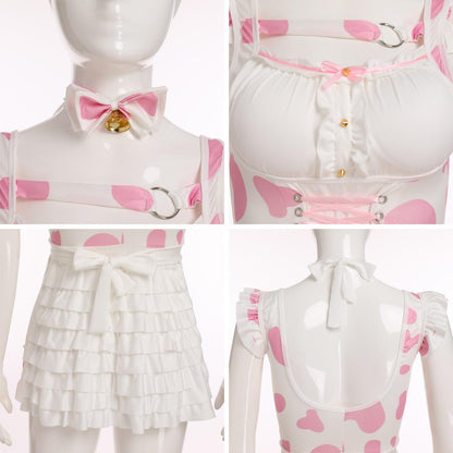 ABAFIP Women's Cute Cosplay Outfits Kawaii Anime Role Play Cow Kitten Ear Headband Stockings Ruffle Mini Dress set