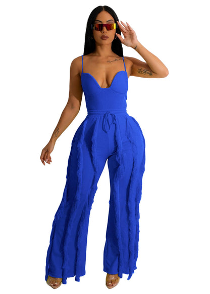 PRIVIMIX Women 2 Piece Outfits Fringe Tassel Long Pants Set Adjustable Suspenders Bodysuit Spaghetti Strap Clubwear Jumpsuits