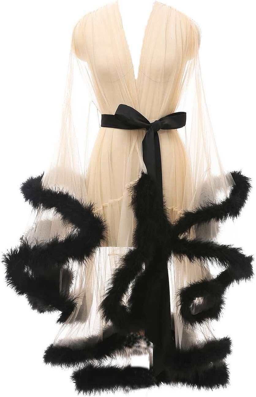Tulle Feather Robe Sexy Sheer Mesh Fur Bridal Illusion Boudoir Bathrobe Nightgown Christmas Lingerie