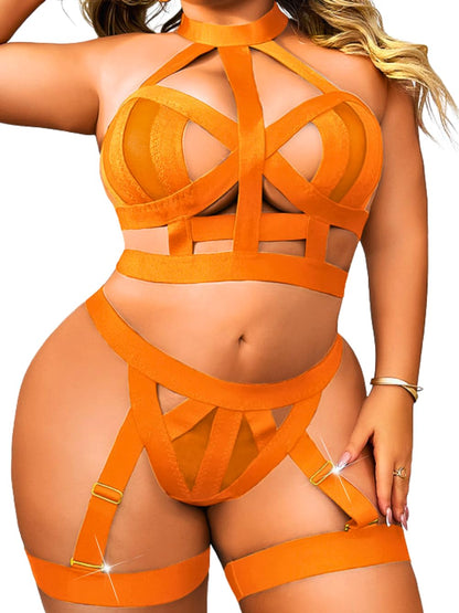 Curvy Lady's Strappy Lingerie For Women, Plus Size Exotic Garter Thong, BBW Halter Gifts For Him 3 Piece Set