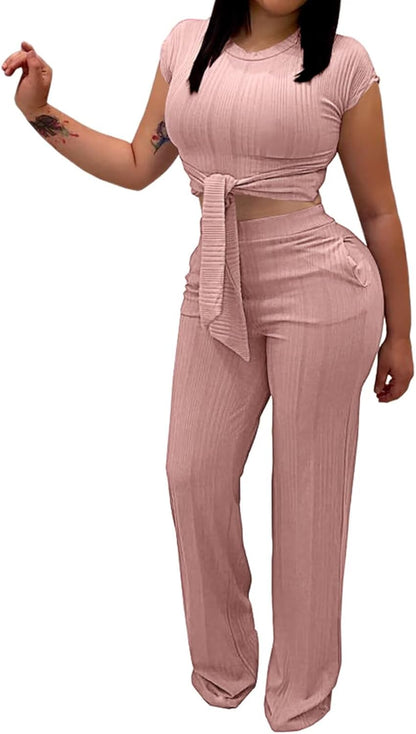 EDITCOZY Women 2 Piece Outfits Sexy Tie Front Crop Top Wide Leg Pants Sets Casual Summer Ribbed Two Piece Set