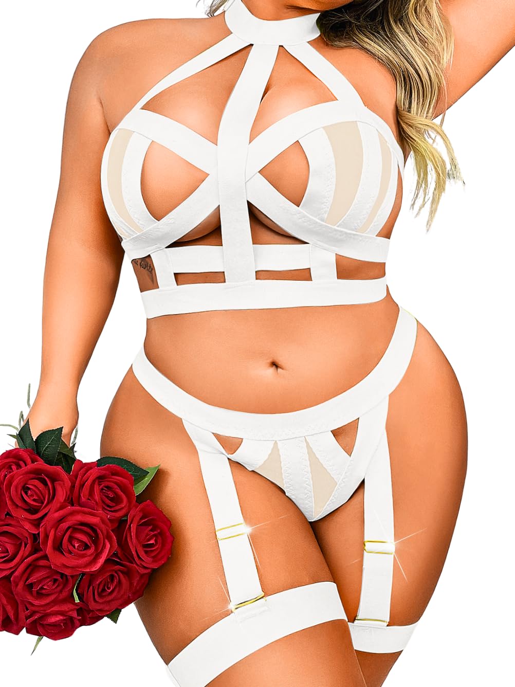 Curvy Lady's Strappy Lingerie For Women, Plus Size Exotic Garter Thong, BBW Halter Gifts For Him 3 Piece Set