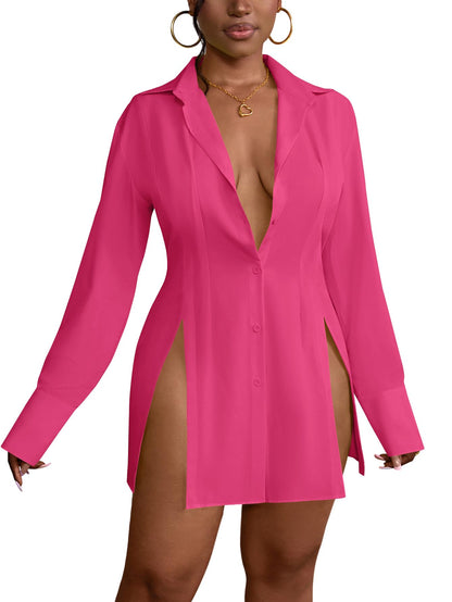 LYANER Women's Button Down Shirt Dress Collar V Neck Long Sleeve Slit Sexy Shirt Dresses