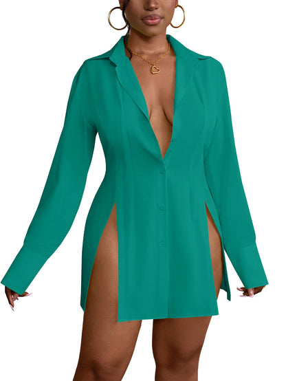 LYANER Women's Button Down Shirt Dress Collar V Neck Long Sleeve Slit Sexy Shirt Dresses