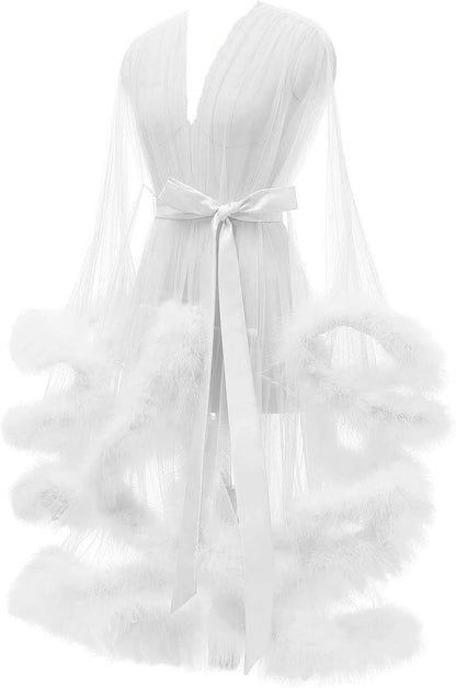 Tulle Feather Robe Sexy Sheer Mesh Fur Bridal Illusion Boudoir Bathrobe Nightgown Christmas Lingerie