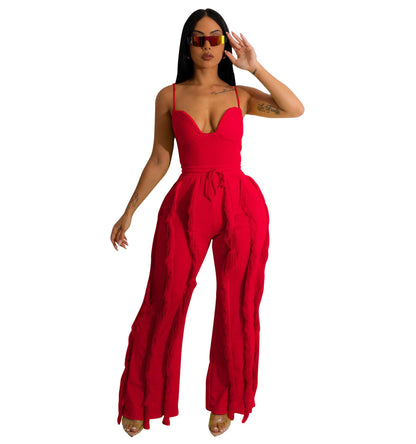 PRIVIMIX Women 2 Piece Outfits Fringe Tassel Long Pants Set Adjustable Suspenders Bodysuit Spaghetti Strap Clubwear Jumpsuits