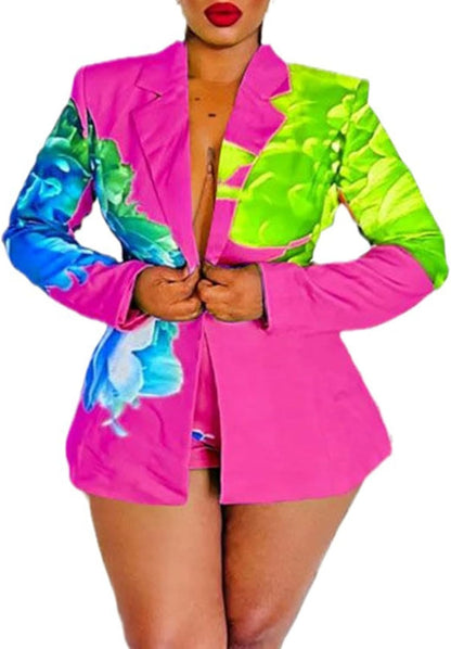 Sexy Blazer Shorts Suits for Women Floral Open Front Blazers Business Casual Shorts 2 Piece Set