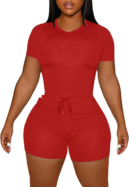 LovelyWholesale Women's Summer 2 Piece Outfits Skinny Shorts Tracksuit Sets