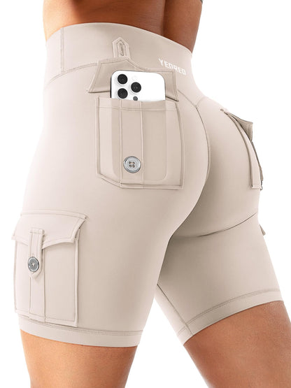 YEOREO CoreFlex Women Workout Biker Shorts with Cargo Pockets Hidden Scrunch High Waisted 8" Inseam Gym Shorts