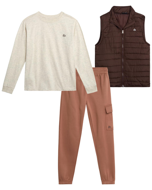 RBX Boys Pants Set - 3 Piece Zip Up Puffer Vest, Crew Neck Long Sleeve T Shirt and Fleece Joggers for Boys (Sizes: 4-12)
