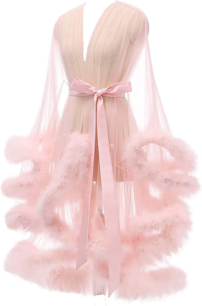 Tulle Feather Robe Sexy Sheer Mesh Fur Bridal Illusion Boudoir Bathrobe Nightgown Christmas Lingerie