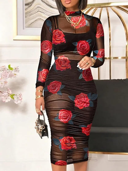 Women Sexy See Through Mesh Long Sleeve Ruched Midi Dresses Crop Top Bodycon Skirt 3 Piece Outfits Set Clubwear