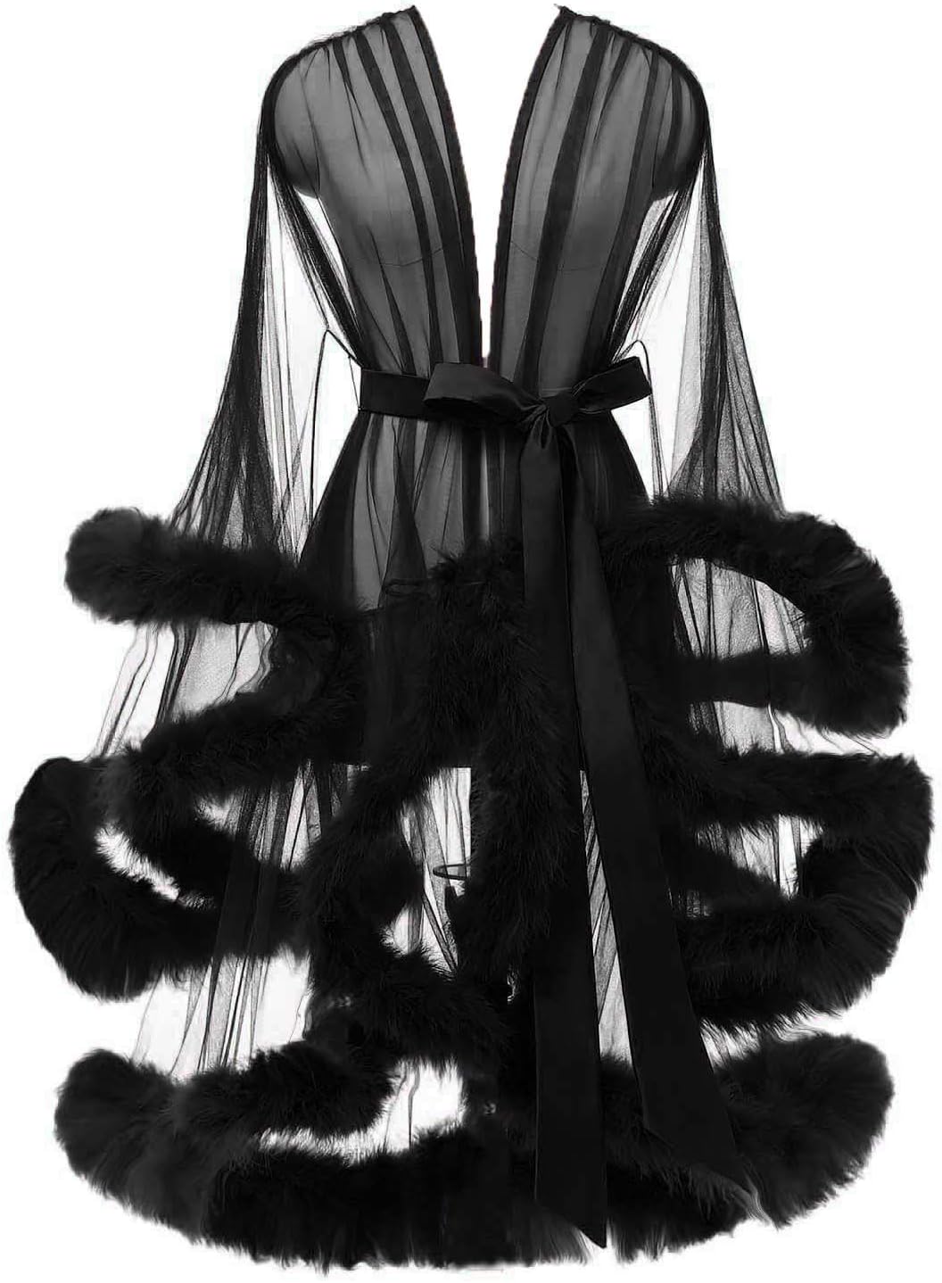 Tulle Feather Robe Sexy Sheer Mesh Fur Bridal Illusion Boudoir Bathrobe Nightgown Christmas Lingerie