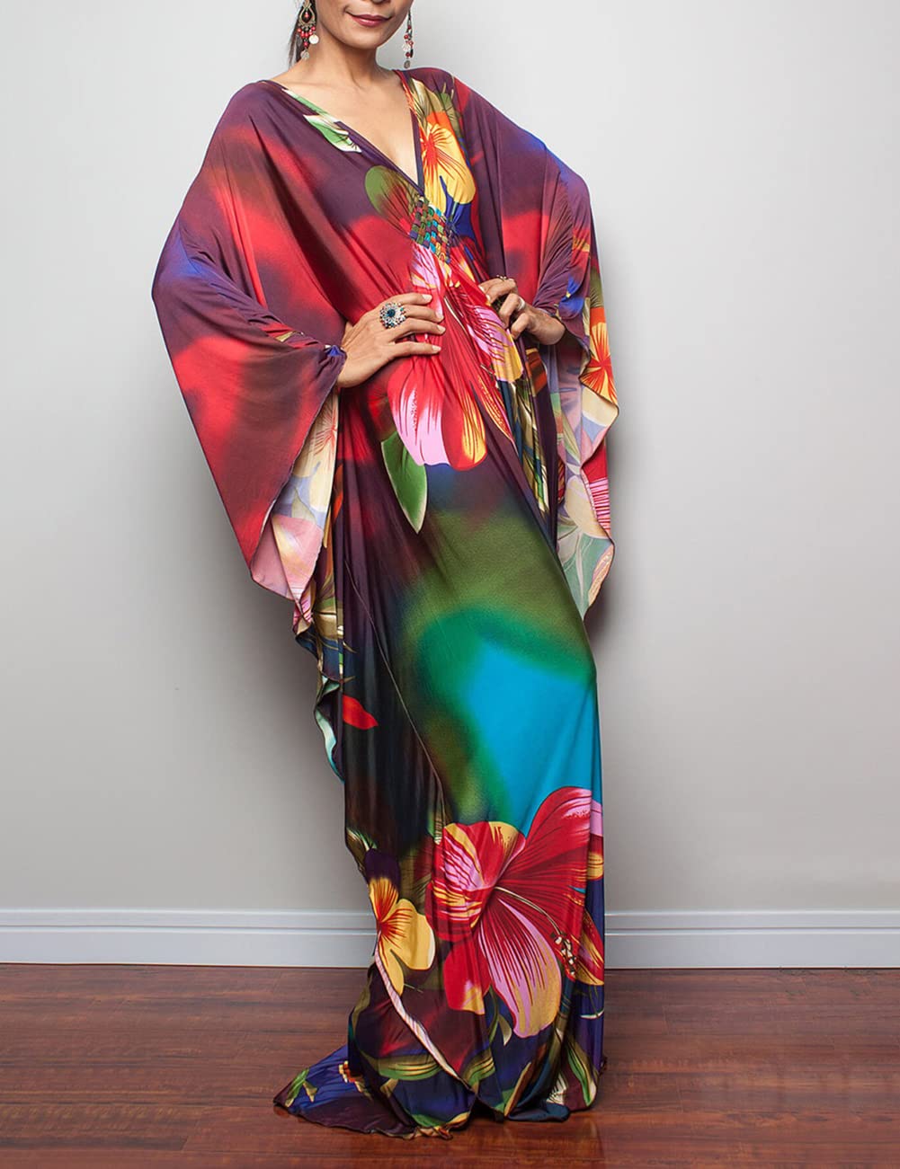 Bsubseach Women Ethnic Print Kaftan Beach Dress Plus Size Swimsuit Cover Up