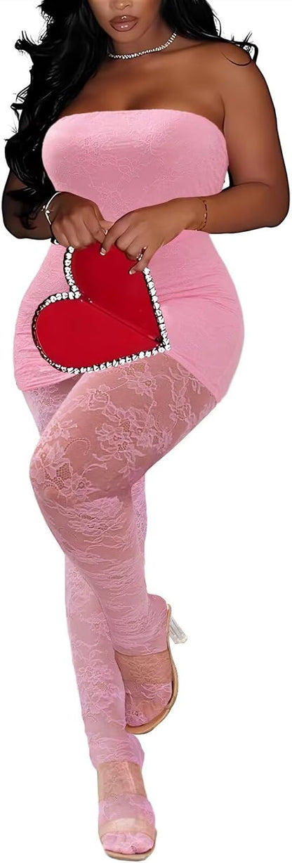 Kafiloe Sexy 3 Piece Outfits for Women Clubwear Lace Tube Mini Dress Top with Stockings Set Birthday Outfits