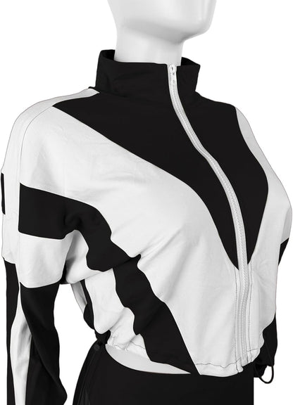 Women 2 Piece Outfit Long Sleeve Zip Up Crop Jacket High Waist Stretchy Pants