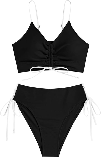 ZAFUL Women V Neck Bikini Set Ruched Tie Front High Waisted Floral Print Ribbed 2 Piece Bathing Suit Swimsuits