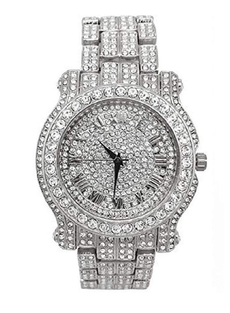 Charles Raymond Bling-ed Out Silver Round Luxury Mens Watch w/Bling-ed Out Bracelet - L0504B