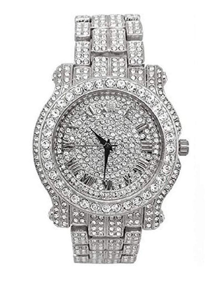 Charles Raymond Bling-ed Out Silver Round Luxury Mens Watch w/Bling-ed Out Bracelet - L0504B