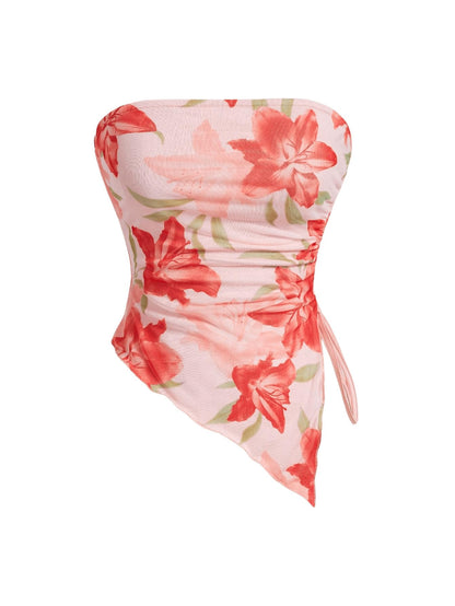 WDIRARA Women's Floral Mesh Strapless Side Ruched Tube Top Asymmetrical Hem Bandeau Crop Tops