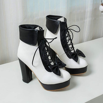 Parisuit Womens Dress Kawaii Boots Chunky High Heel Platform Ankle Booties Lace Up Sweet Bow Shoes