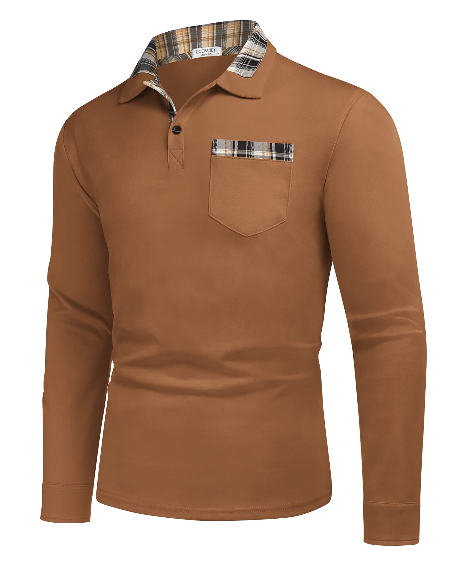 COOFANDY Men's Casual Polo Shirt Long Sleeve Classic Plaid Button Tees with Pockets