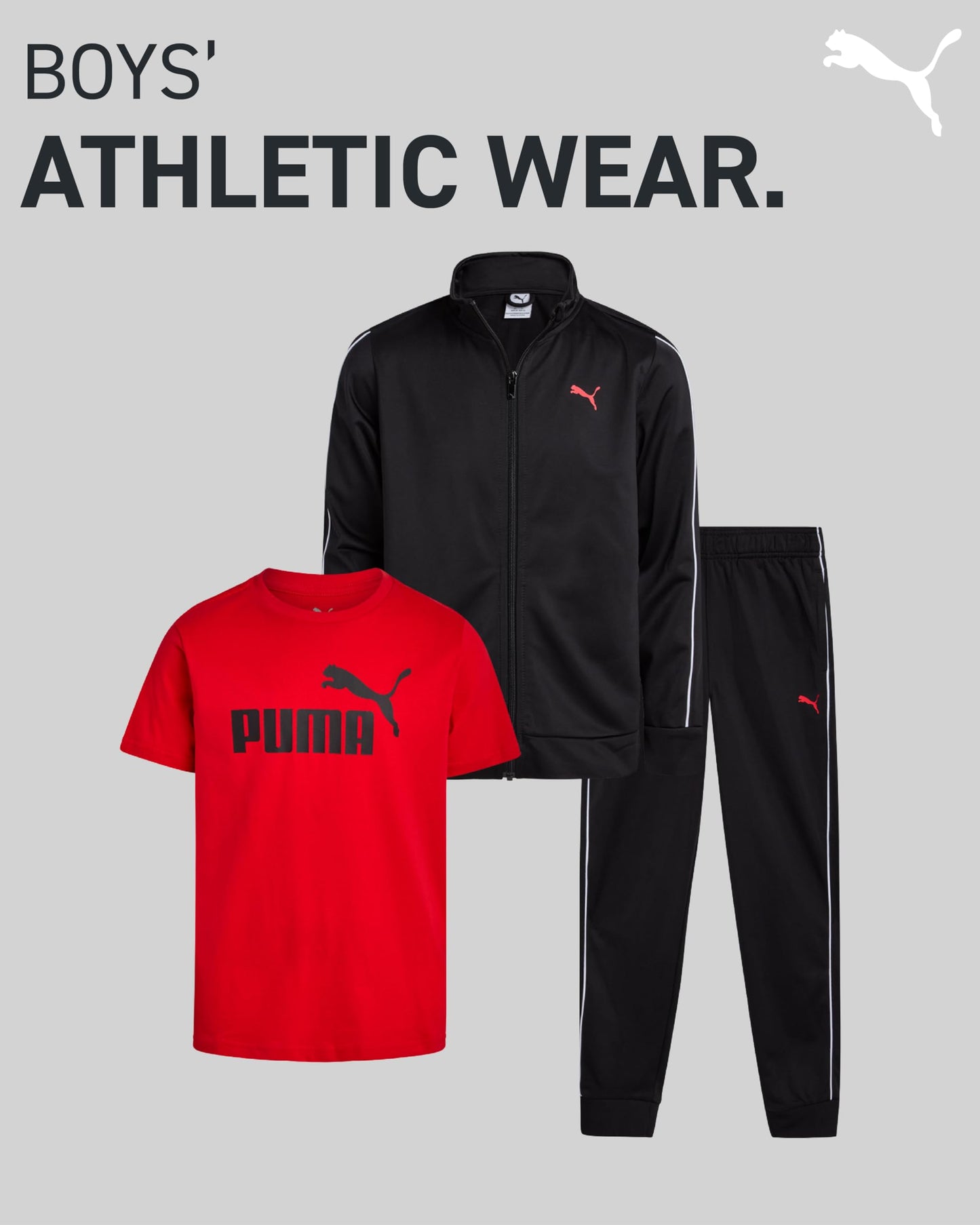 PUMA Boys Pants Set - 3 Piece Athletic T-Shirt, Zip Up Jacket, Jogger Pants - Boys Activewear Tricot Jogset (8-16)
