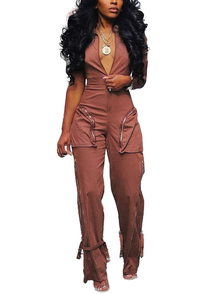 LKOUS Cargo Jumpsuits for Women Dressy, Sexy Short Sleeves V Neck Zipper One Piece Outfits with Pockets