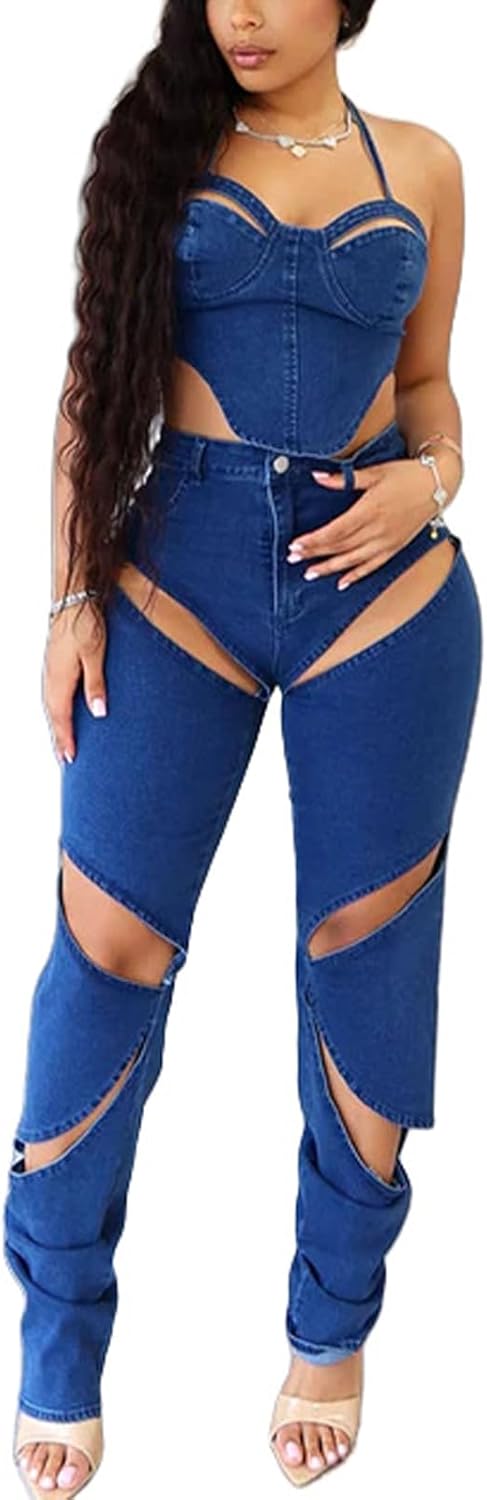 Denim 2 Piece Outfit for Women Sleeveless Cropped Tank Top Bodycon Pants Set Sexy Jean Hollow Out Party Club Tracksuit