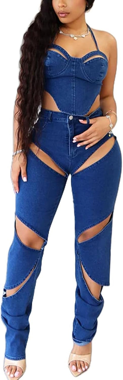 Denim 2 Piece Outfit for Women Sleeveless Cropped Tank Top Bodycon Pants Set Sexy Jean Hollow Out Party Club Tracksuit