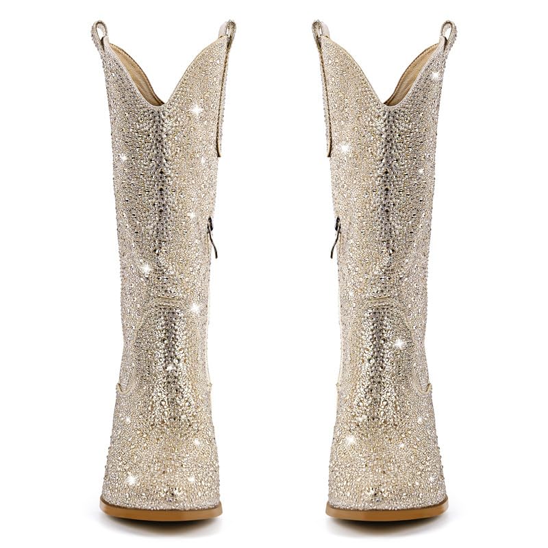Richealnana Sparkly Rhinestones Cowboy Cowgirl Style Boots Calf High Boots for Women 2INCH Heeled Shining Pull On Tabs