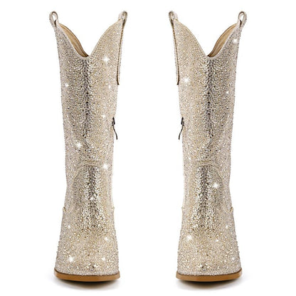 Richealnana Sparkly Rhinestones Cowboy Cowgirl Style Boots Calf High Boots for Women 2INCH Heeled Shining Pull On Tabs