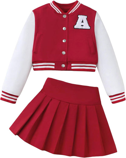 Girls 2 Piece Outfits Skirt Set Button up Jacket Sweatshirt and Pleated Mini Skirts Fall Winter Clothes Size 7-14Y