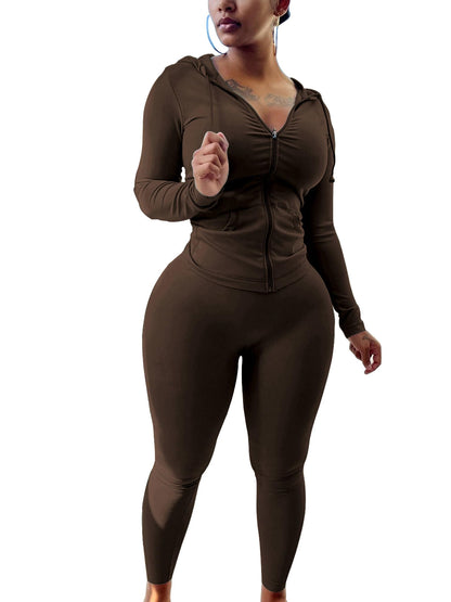 PINSV Women Two Piece Outfits Workout Sets Bodycon Tracksuit Long Sleeve Zip Up Hoodie Jacket Jogger Matching Sweat Pants Set