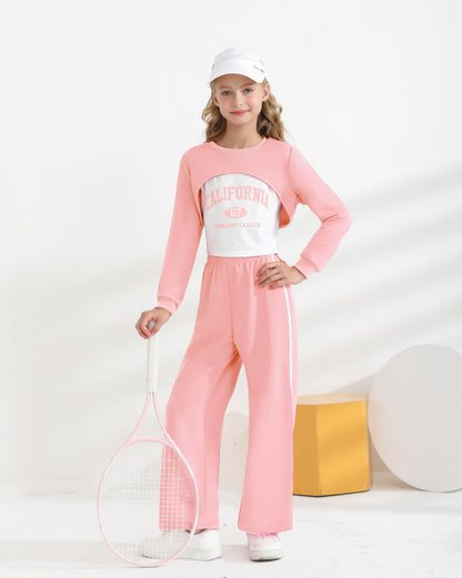 Girls 3 Piece Outfits Long Sleeve Crop Shirts & Cami Tops & Sweatpants Sets Fall Clothes Size 8-12Y