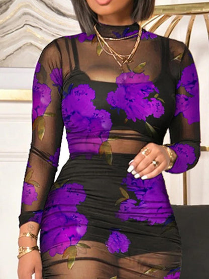 Women Sexy 3 Piece Outfits Set See Through Print Long Sleeve Midi Dress Sheer Mesh Crop Tank Tops Bodycon Skirt