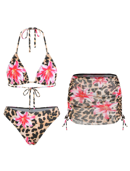 ZAFUL Womens 3pcs Swimsuit Floral Halter Triangle Bikini Top Tie Side Bottom with Long Sheer Cover Up Skirt