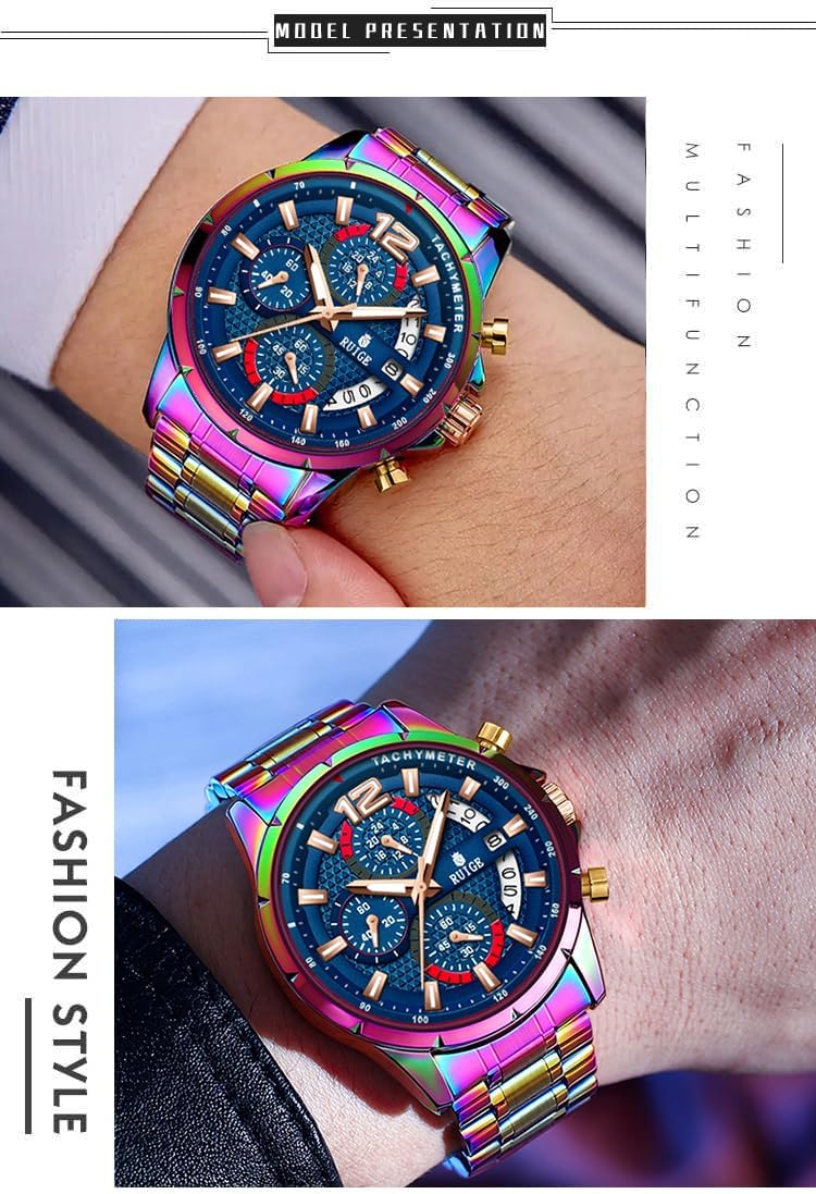 RUIGE Sports Chronograph Colorful Series Multi Functional Men's Quartz Watch Stainless Steel Material Men's Night Light Waterproof Fashion Trend Watch Diameter 42MM N3-3