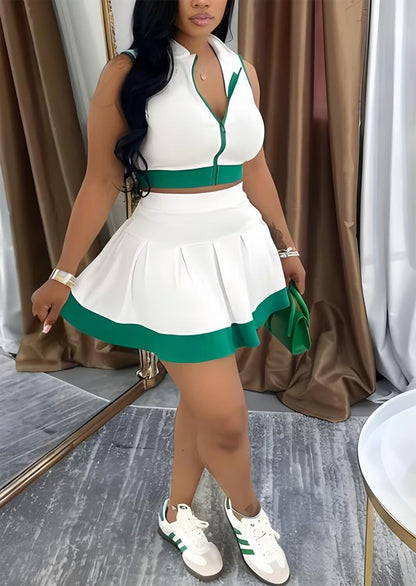 Tennis Outfit Skirt Sets Women 2 Piece Outfits Zipper V Neck Crop Tops and Pleated Skirt Set Summer Tracksuits